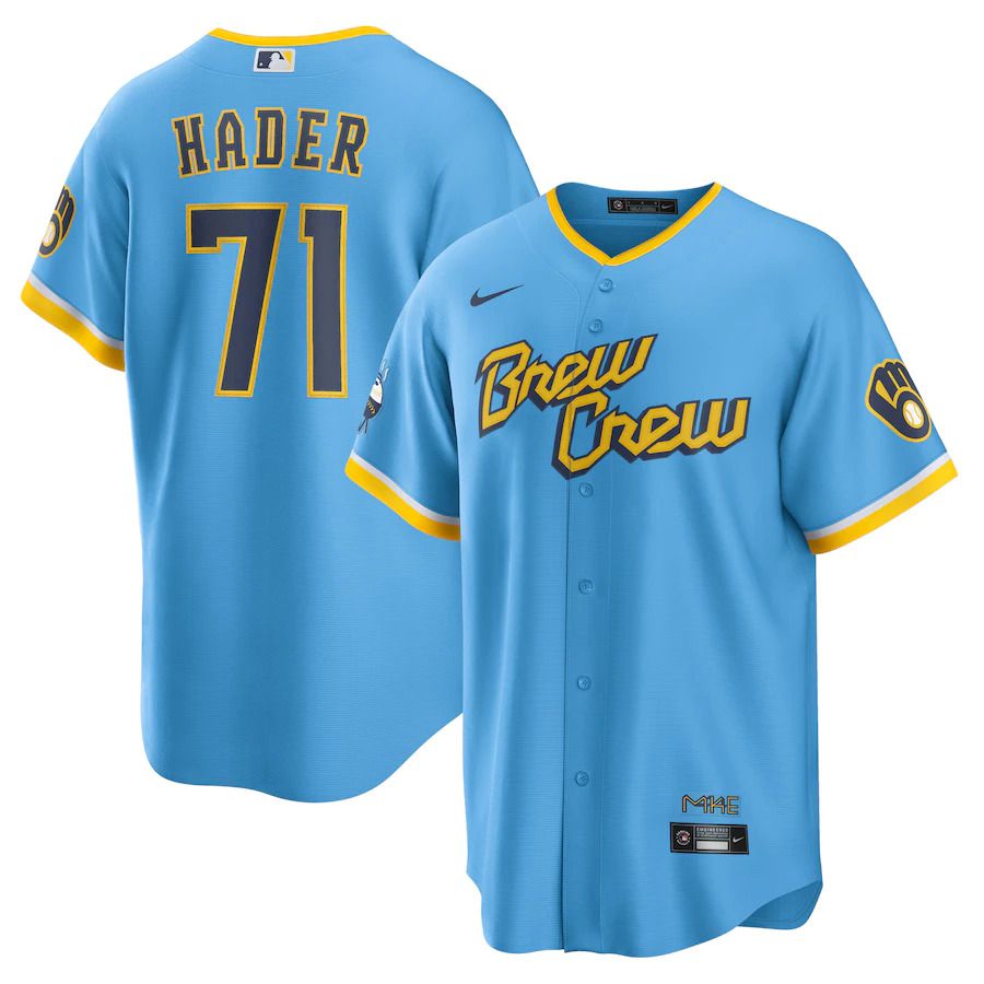 Custom Men Milwaukee Brewers #71 Josh Hader Nike Powder Blue 2022 City Connect Replica Player MLB Jersey